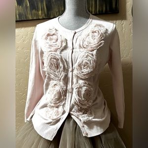 loft Women's (M) Pink, Flower Embellished Long Sleeve Cardigan Sweater